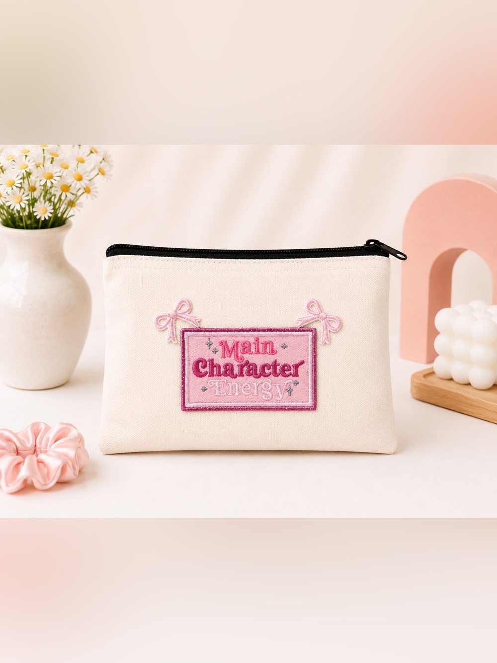 Main Character Energy Canvas Makeup Pouch Cute Cosmetic Bag Gift